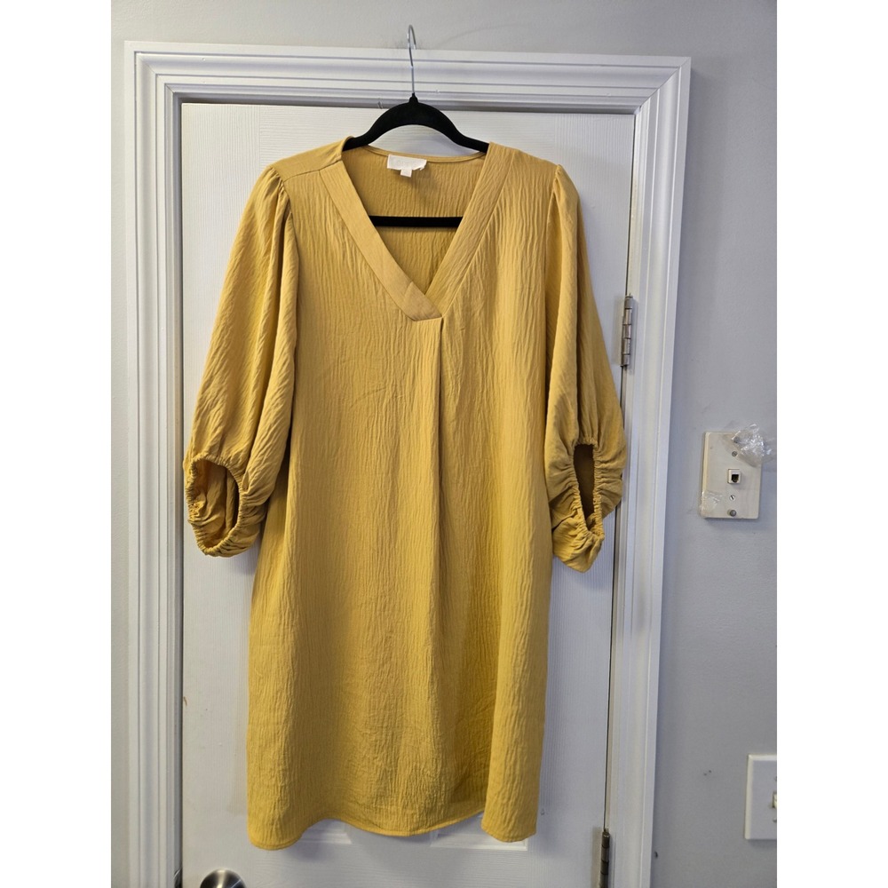 ODDI Mustard Yellow‎ Crinkle Textured V-Neck Puff Sleeve Shift Dress Boho Small